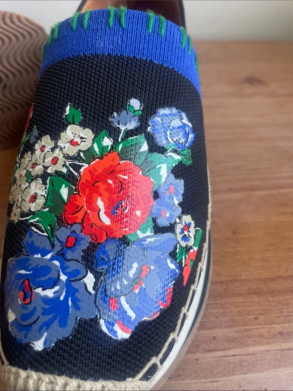 Tory Burch Black Floral Espadrille Slip-Ons with Blue Trim